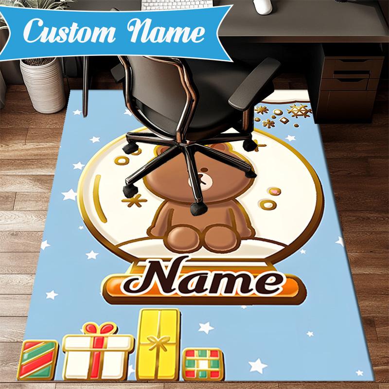 Custom Name Brown Bear Celebration Rug for Living Room, Game Rooms, Office, Bedroom, Floor Mat Playful Design, fan gifts Christmas decor