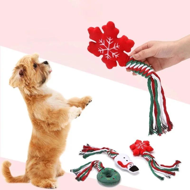 Dog Squeakey Chew Toys Christmas Cotton Ropes Knot Molar Bite Toy Funny Cute Puppies Cat Interactive Toy Xmas Gift Pets Supplies
