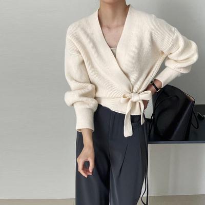 Cardigan Sweater Female  Autumn Bow Tie V-Neck Knit Women Short High Waist Cardigan Sweater Coat Overlay Design Sense Sweater