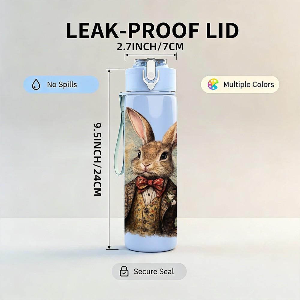 1PC Gentleman Rabbit Retro Outfit Print 750ml Color Plastic Sports Water Bottle Leakproof Flip Straw Lid Suitable for Sports Office Home Use