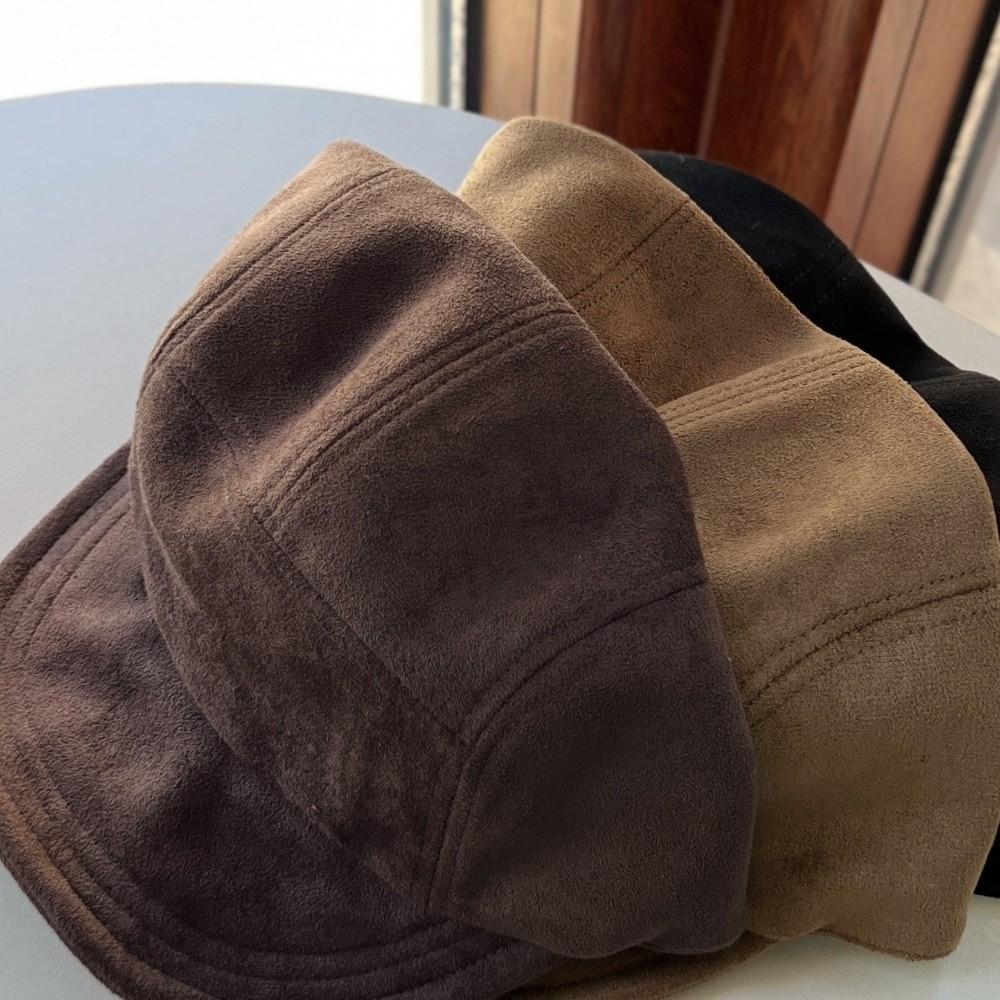 Retro Baseballkappe mit kurzem Schirm Unifarbene Flachkrempe Entenschnabelkappe Fünfteilig Verstellbare Wildlederhut Unisex