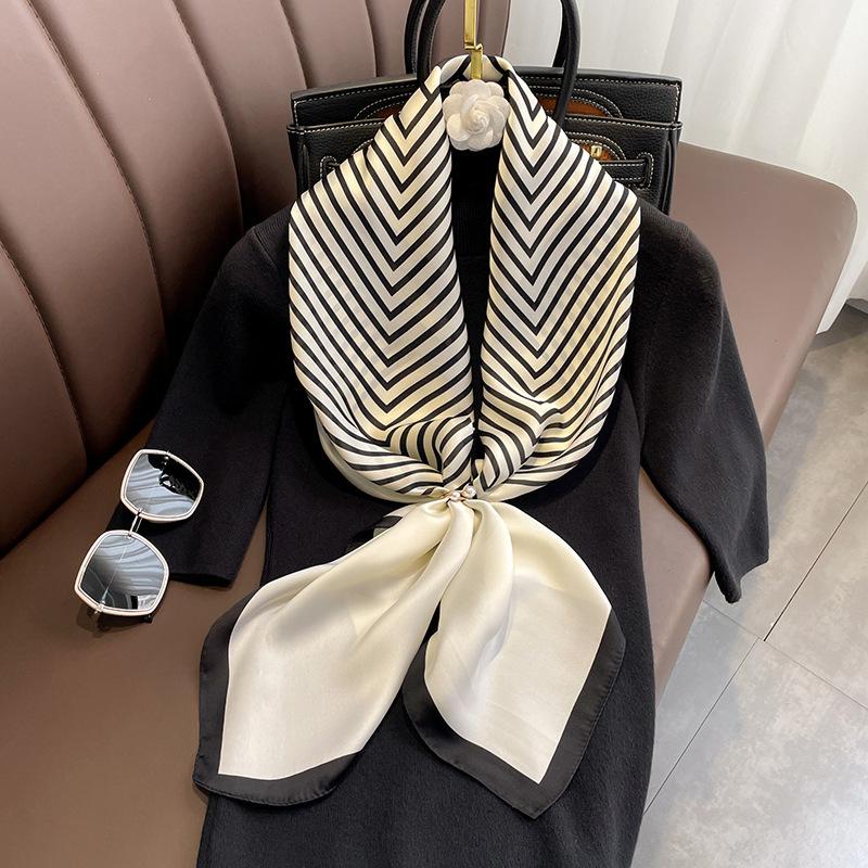 

Luxury Striped Shawl Soft Satin Square Scarf Elegant Bandana Imitation Silk Head Wrap Classic Sunscreen Travel Beach Towel