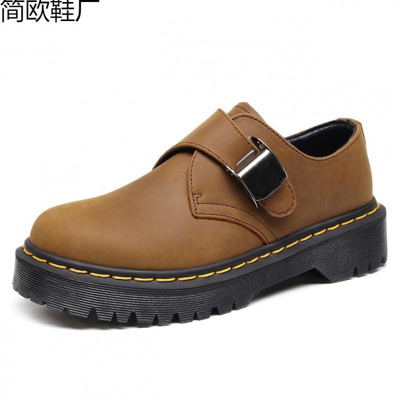 thick-soled low-top small leather shoes women's buckle low-top top Crazy Horse Brown casual student