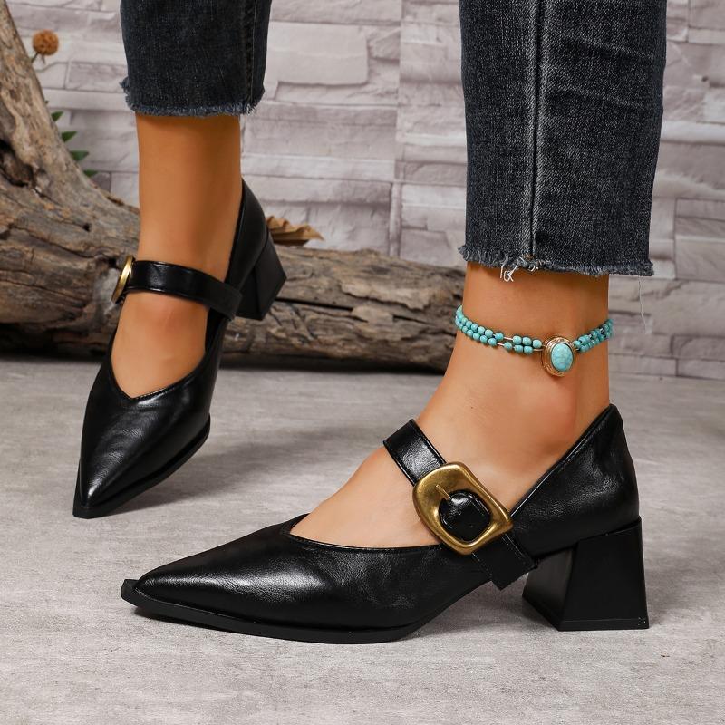 Fashion Metal One-line Belt Square Heel One Knee Autumn New Pointed Toe Shallow Mouth Non-slip Wear-resistant Low-top Shoes