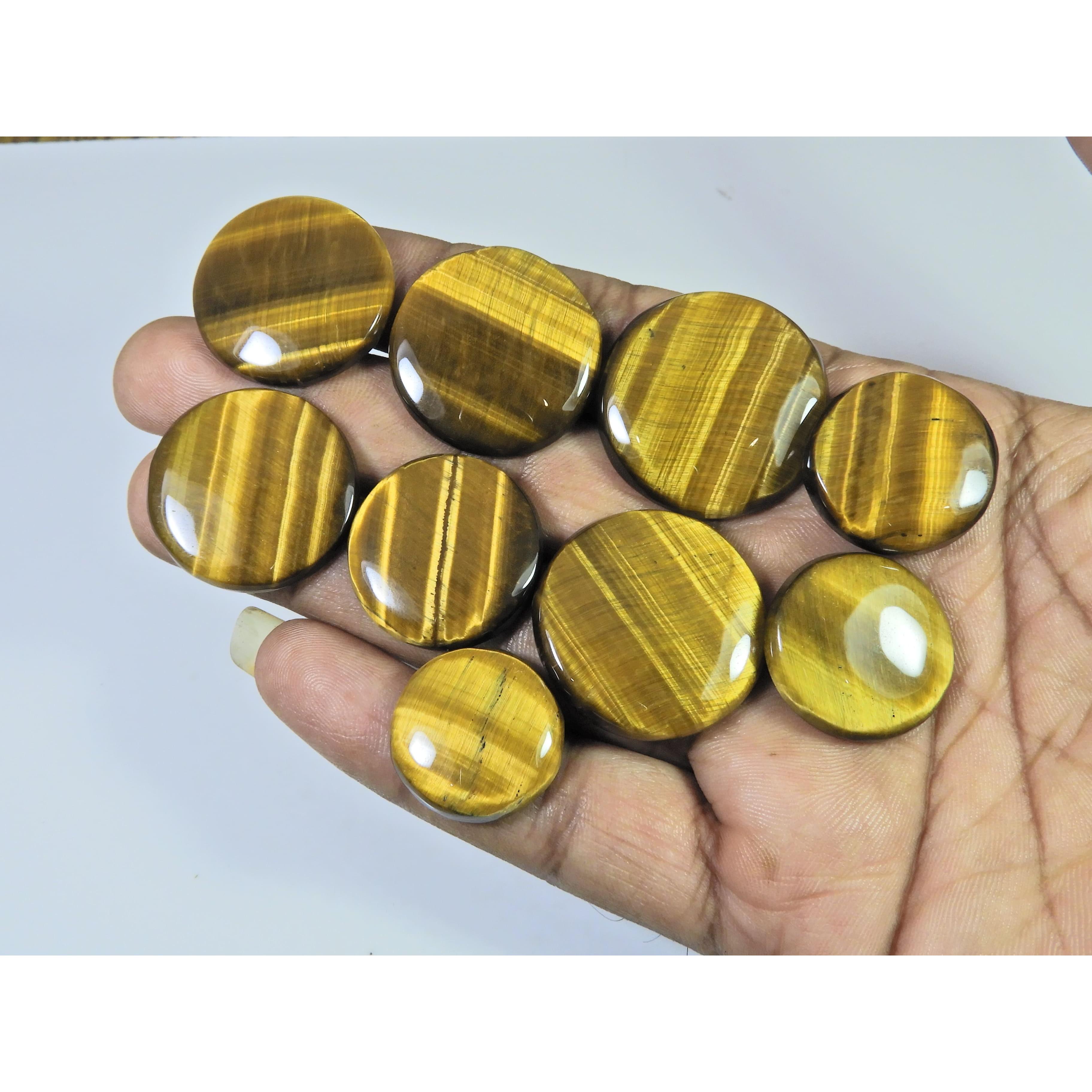 09Pcs Natural Brown Tiger eye Round Cabochon Loose Gemstone 255Cts. Lot C-2481