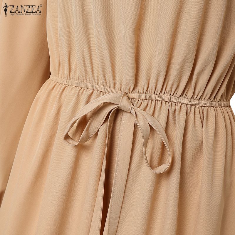 ZANZEA Women Casual Round Neck Loose Long Sleeve Muslim Long Dress