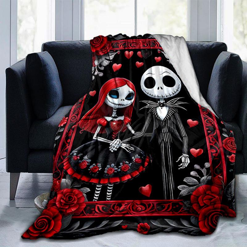 1pc, Cozy Home Decor: Jack and Sally Skeleton Couple Flannel Throw Blanket Gift for Bedroom, Living Room, Travel, Camping, Car