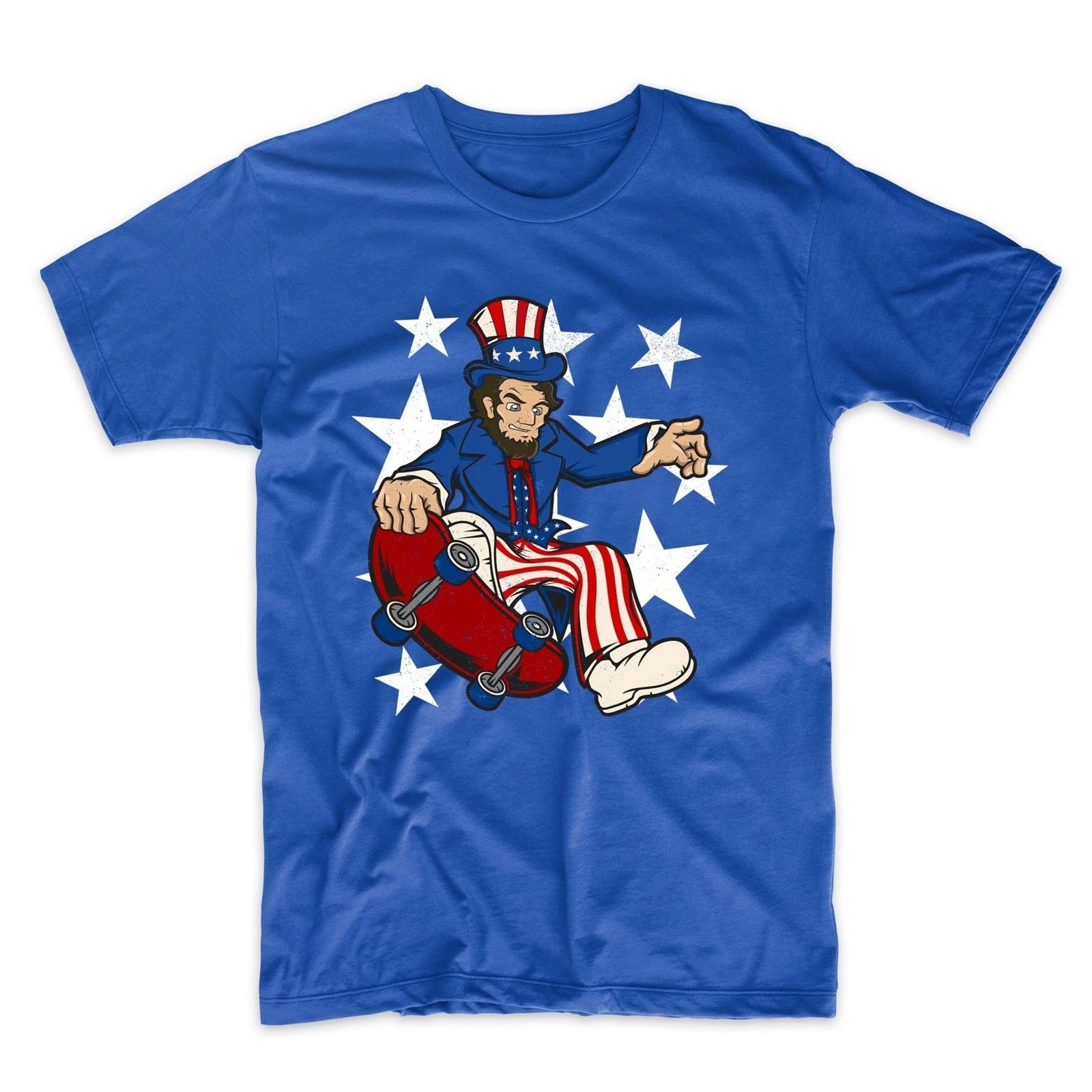Abraham Lincoln Skateboarding Funny 4th of July Skateboard Blue T-Shirt M