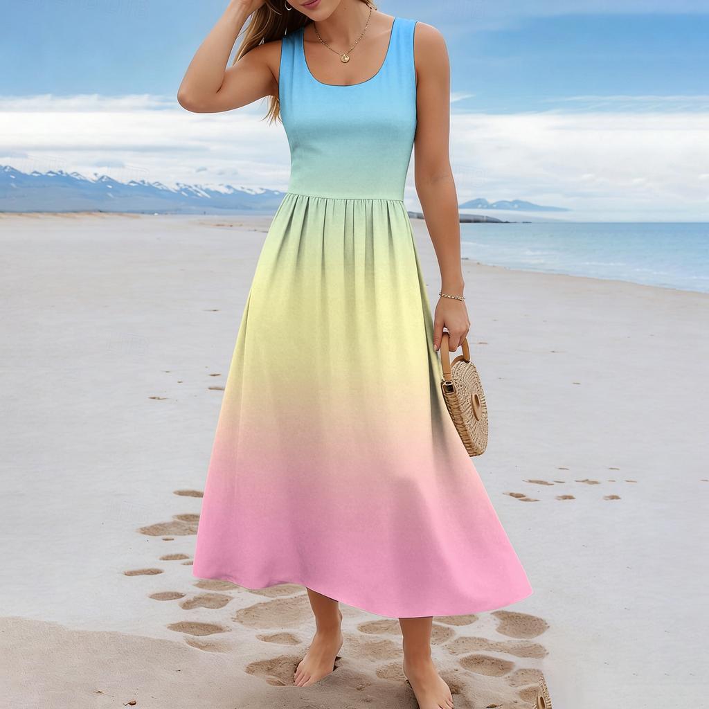 Ladies' Gradient Printed Summer Casual and Fashionable Sleeveless Long Dress