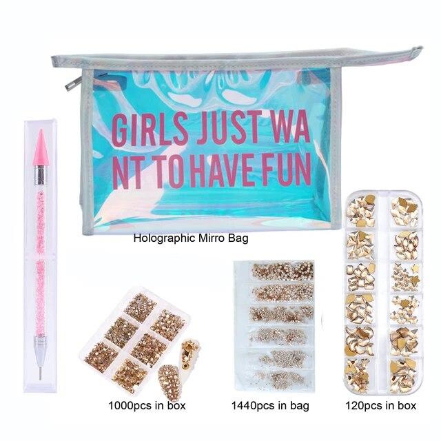 Sada kamínků bez fixace/křišťálové sklo Hotfix kamínky v zrcadlové foliové taštičce manikúrové pero Štrasové příslušenství pro zdobení nehtů