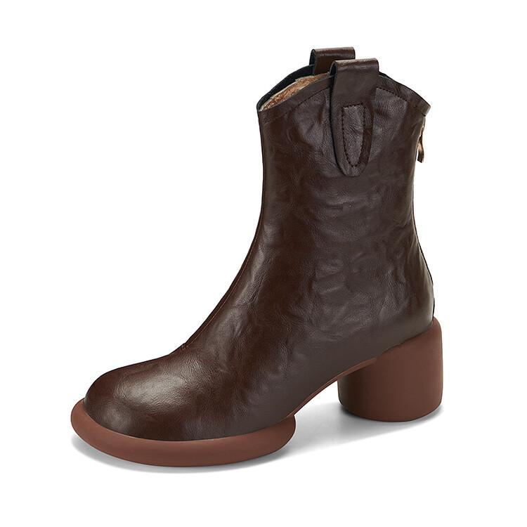 

Fashion NEW Winter Women Boots Split Leather Shoes for Women Round Toe Chunky Heel Shoes Casual Zip Platform Shoes Warm Wool Snow Boots 34 коричневый