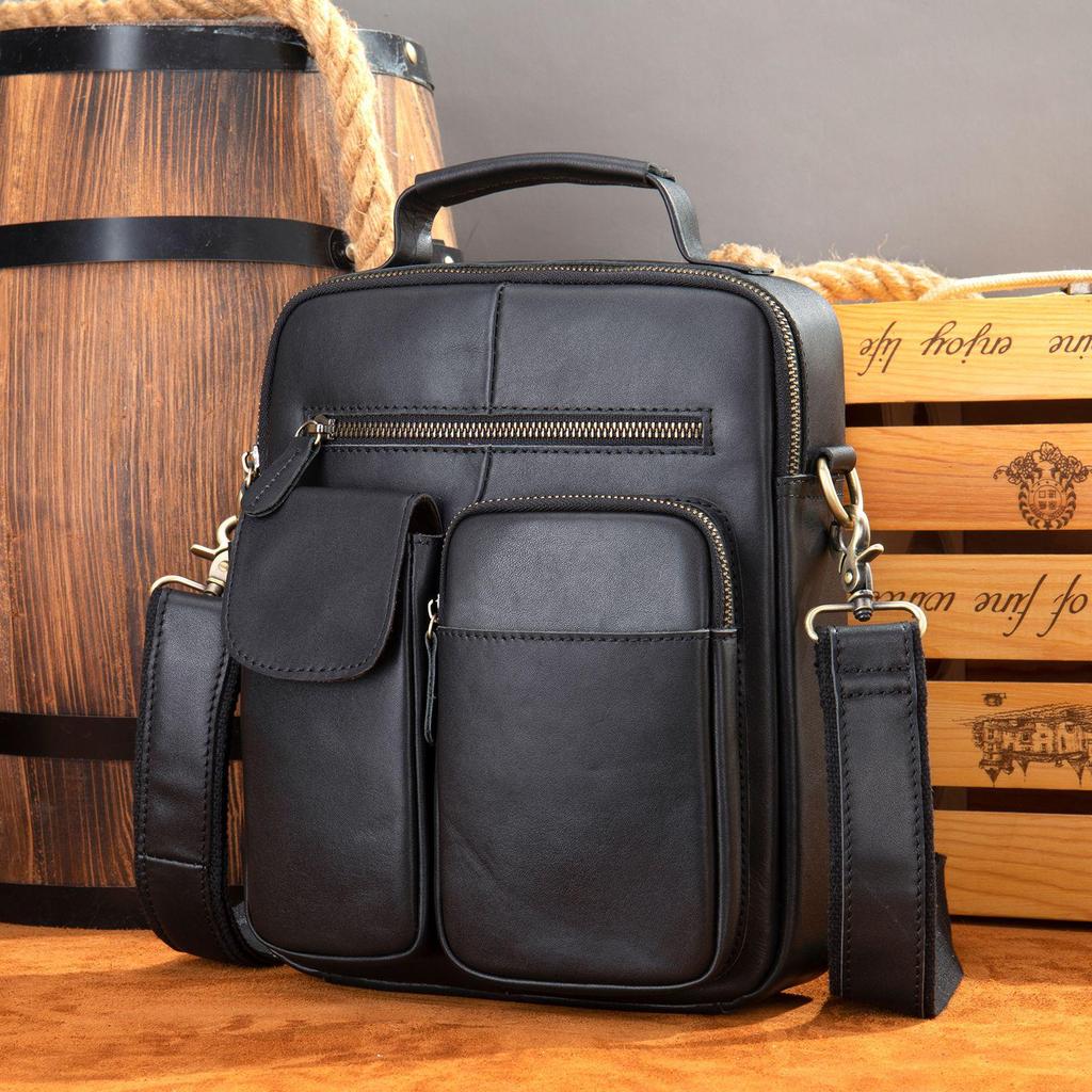 Men’s Genuine Leather Crossbody Messenger Bag - Top Layer Crazy Horse Cowhide, Large Capacity Shoulder Bag