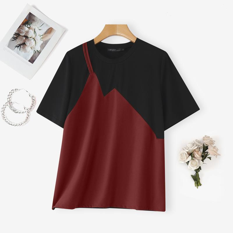 

ZANZEA Женские повседневные футболки с коротким рукавом, пэчворк, имитация двух частей M вино красного