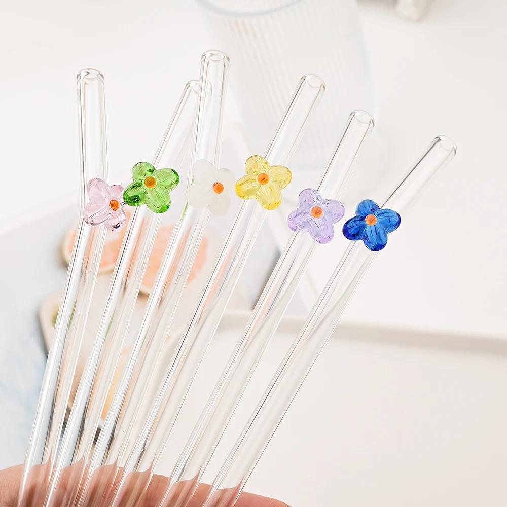 6Pcs Drinking Straw with Brush Set High Borosilicate Glass Flower Bent Straws Set Milk Coffee Shake Cocktail Straw Bar Drinkware