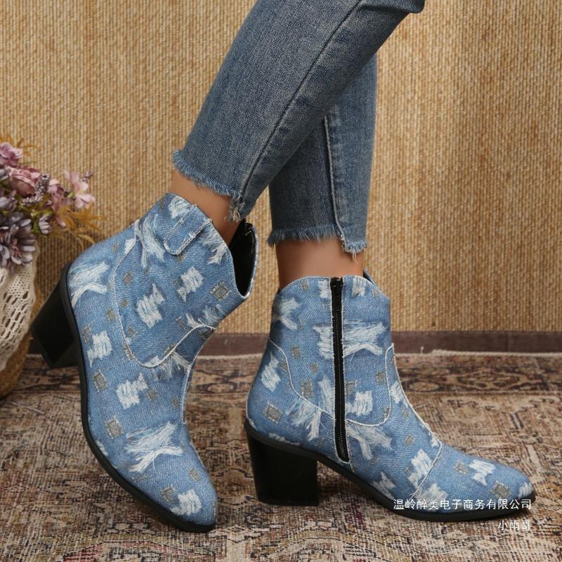 Außenhandel neue Denim High-Heel kurze Martin Stiefel Damen grenzüberschreitende dünne Retro-Stil spitz zulaufende Cowboy-Stiefel