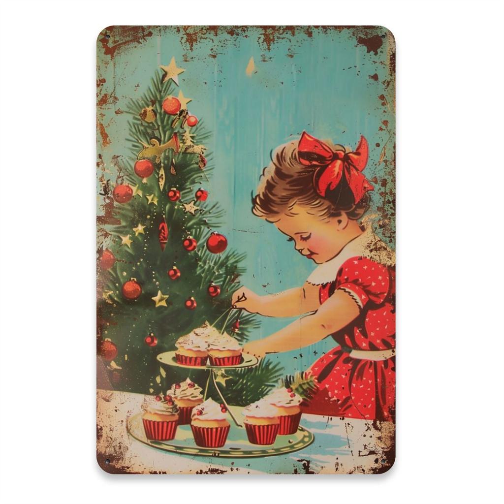 Weihnachts-Blechschild 2D Flache Wanddeko Metallplatte Hängendes Ornament Mädchen