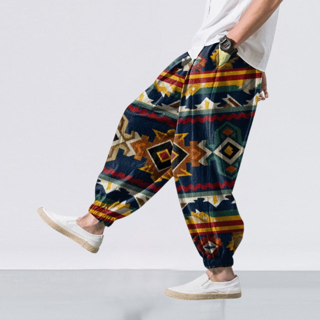 Etniczny nadruk - Casualowe spodnie z szerokimi nogawkami, męskie luźne spodnie casualowe