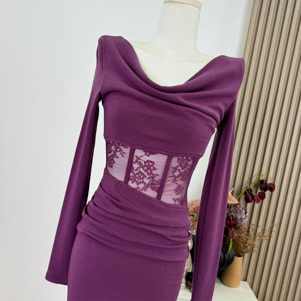 Lace-Spliced Purple Long-Sleeve Fishtail Dress - Pure Desire Style for Spring and Autumn