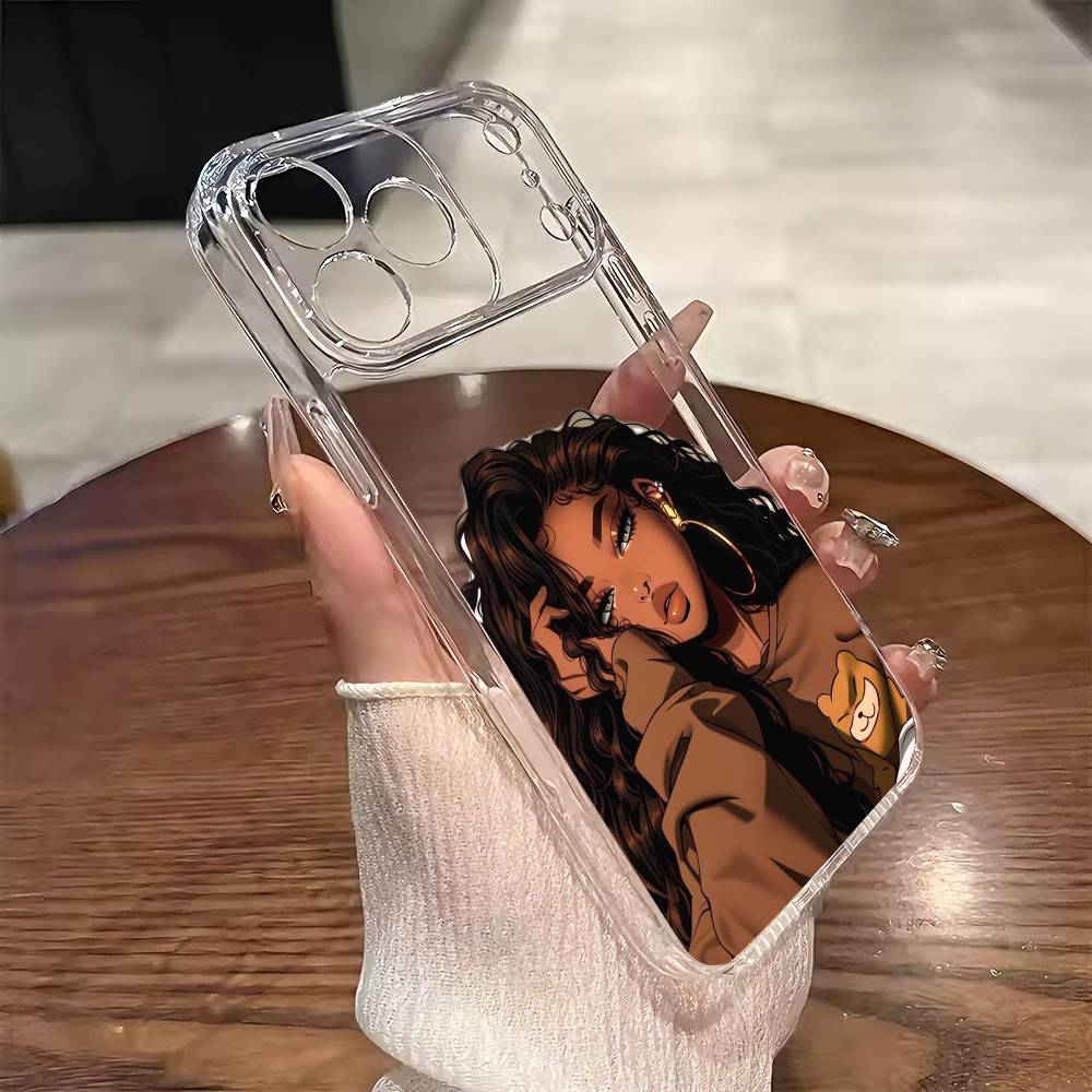 

Afro Black Girls Cartoon Phone Case For iPhone 17 16 15 14 13 12 11 Mini Pro Max Plus Transparent Cover iPhone16e