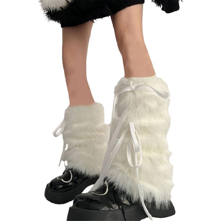 Women Goth Furry Leg Warmers Socks Harajuku Ribbon Bowknot Leggings Boots Cover