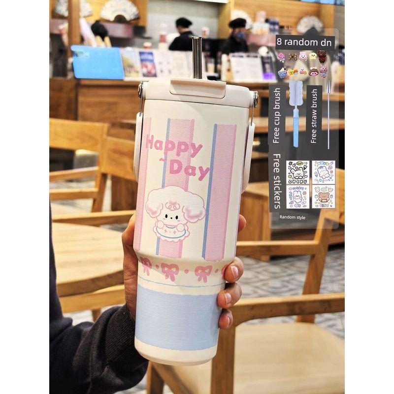 Large-Capacity Thermos Cup for Girls, Good-Looking Design with Handle, 2024 New Model, Straw Water Cup, Portable Dual-Drink Cup for Students