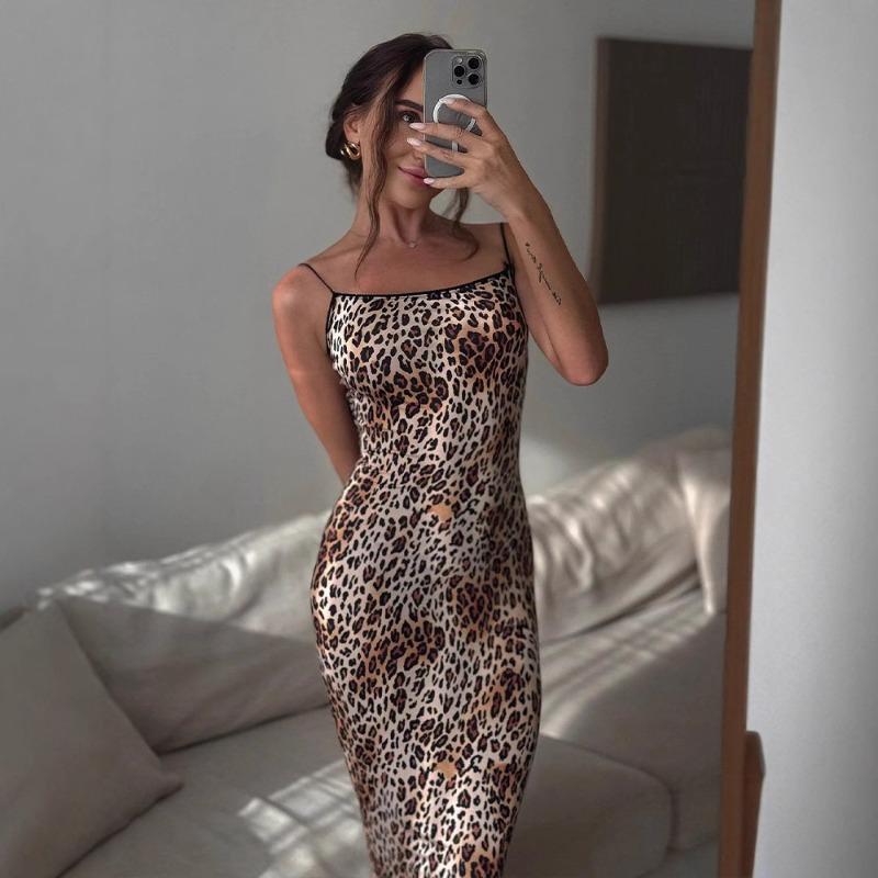 Dámská móda pro jaro/léto Leopardí potisk Ohlávka bez rukávů Slim Spice Girl Šaty