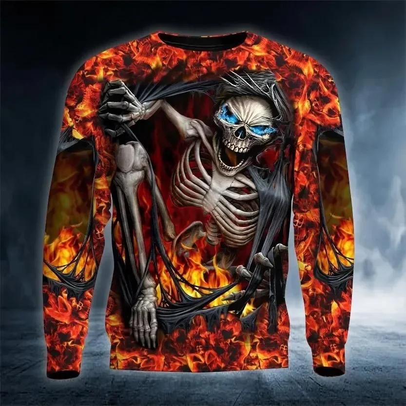 

Spring and Autumn Round Neck Retro Skull Pattern 3D Printed Top Fashionable Casual Long Sleeved Men s T-shirts S