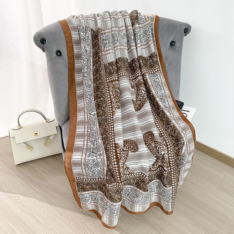 Elegant Women Retro Beach Silk Scarf Striped Print Wrap Shawl Lady Sunscreen Bandanas Hijab Scarve Pareo Headscarf Casual Boho