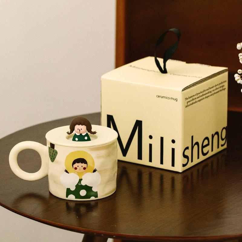 Retro Boy And Girl Couple Water Cup Ceramic Cup With Lid Pair Couple Breakfast Cup Coffee Cup