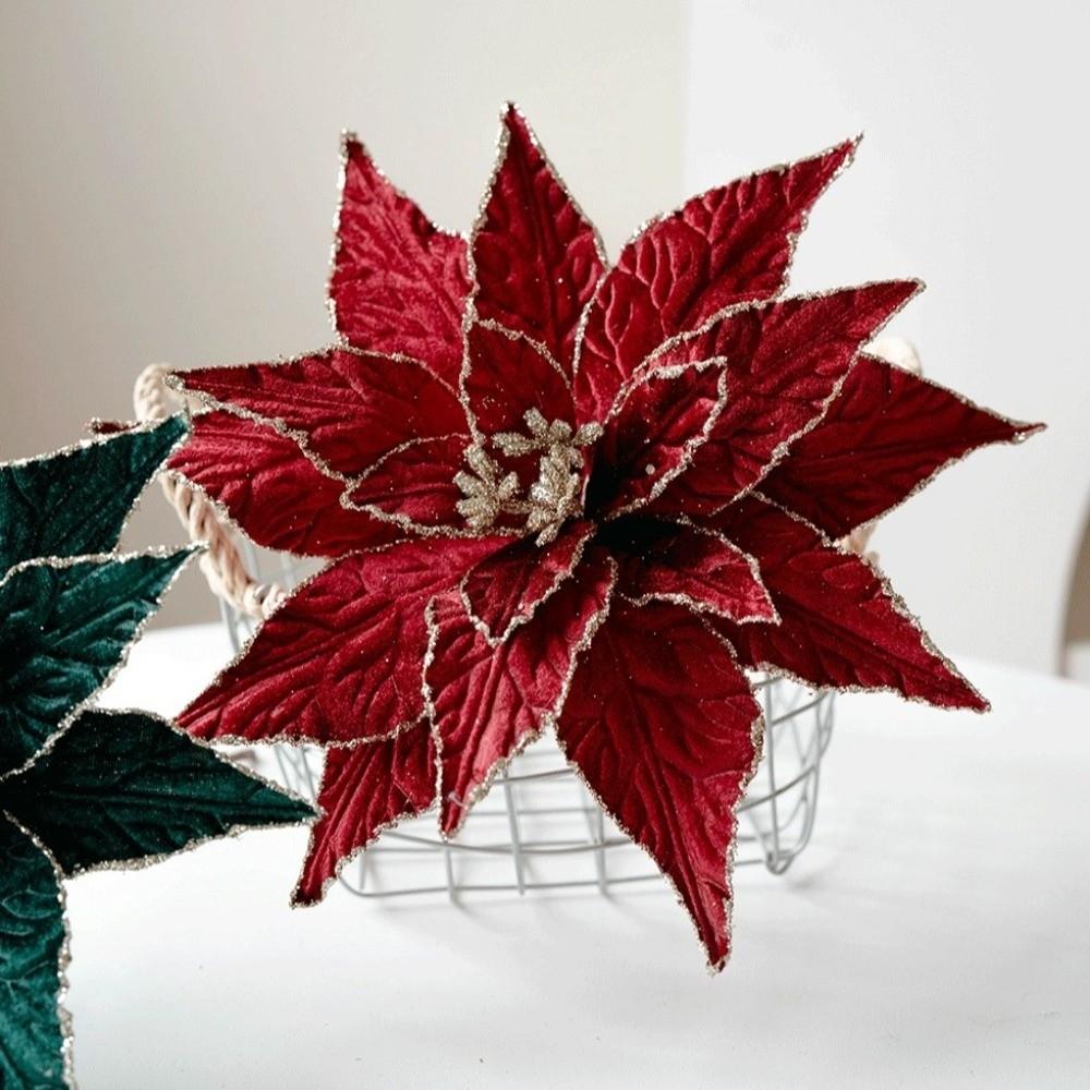 Handmade Flocked Poinsettia Floral 3 Layer Fake Flowers  Pick  Photo Props