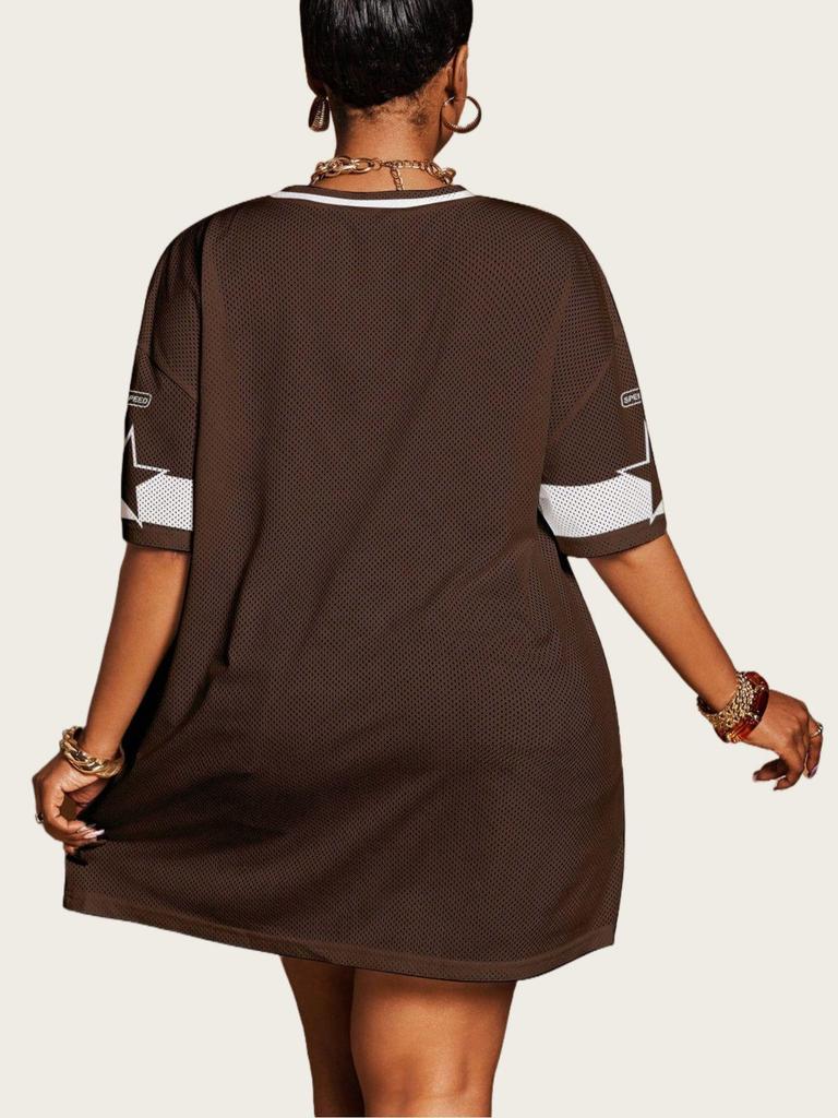 Women's Loose V-Neck Sporty Mesh T-Shirt with Digital Print