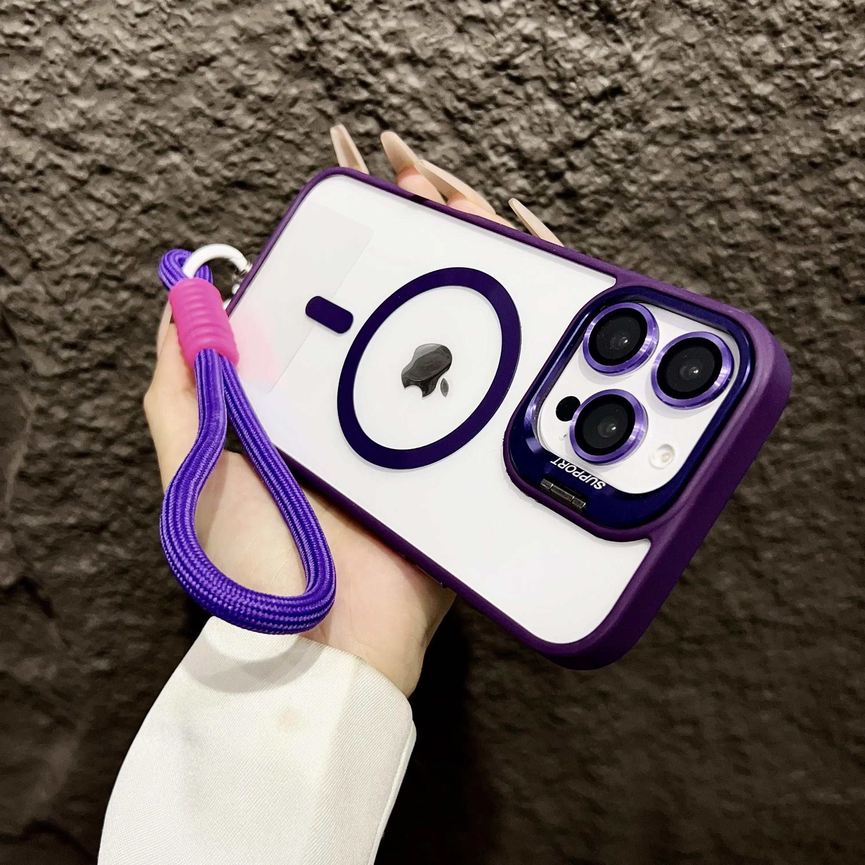 

Роскошный магнитный чехол для iPhone 16 14 13 12 11 15 Pro Max Plus Funda Stand с ремешком для защиты стеклянной линзы для Magsafe For iP12Pro max&Case & Strap