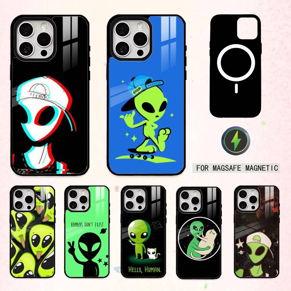 Cool C-Cartoon Alien Space Phone Case For iPhone17,16,15,14,13,12,11 Plus,Pro Max Magnetic For Magsafe Wireless Charging