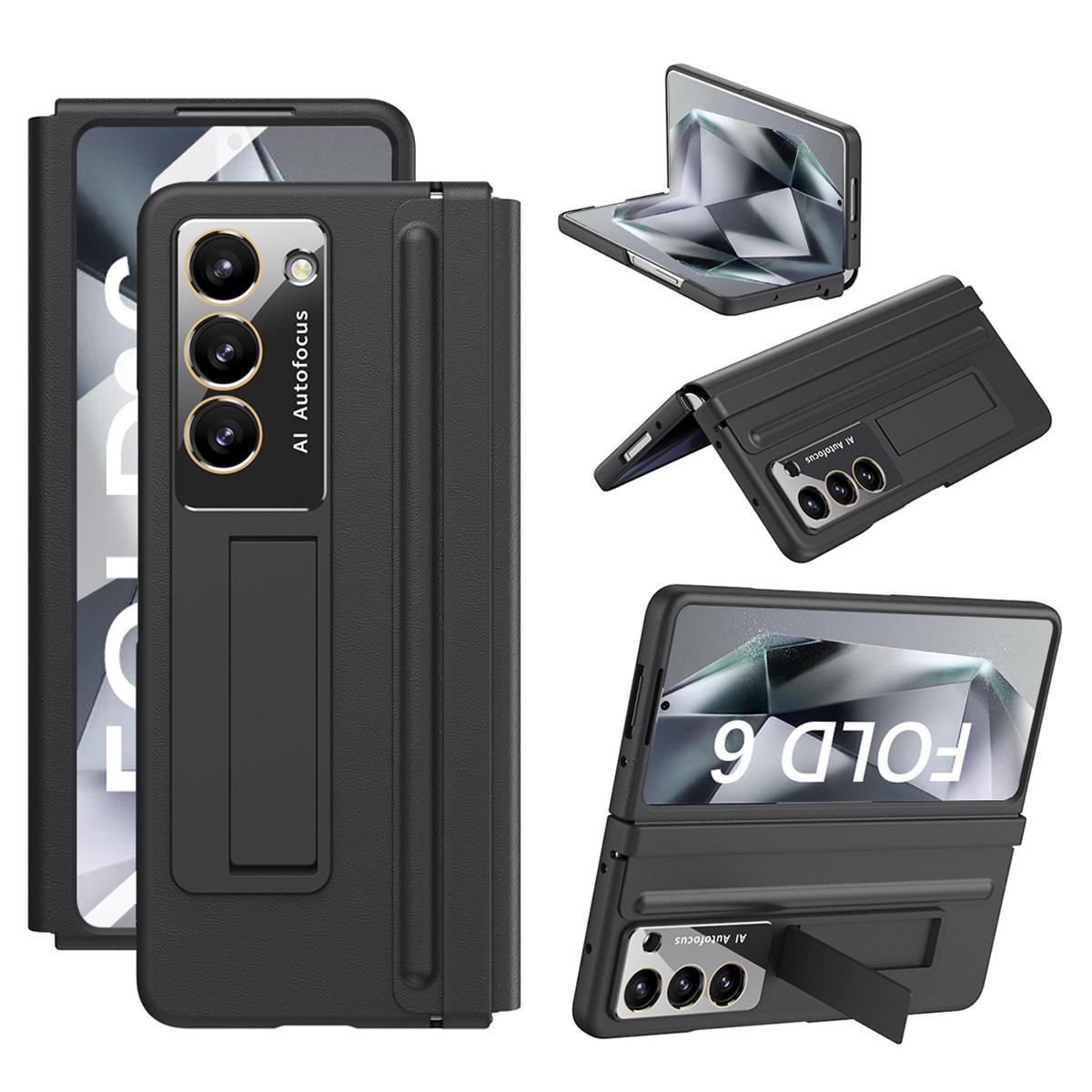 

For Samsung Galaxy Z Fold6 5G Case Hinge Leather+PC Kickstand Phone Cover with Tempered Glass Film Black