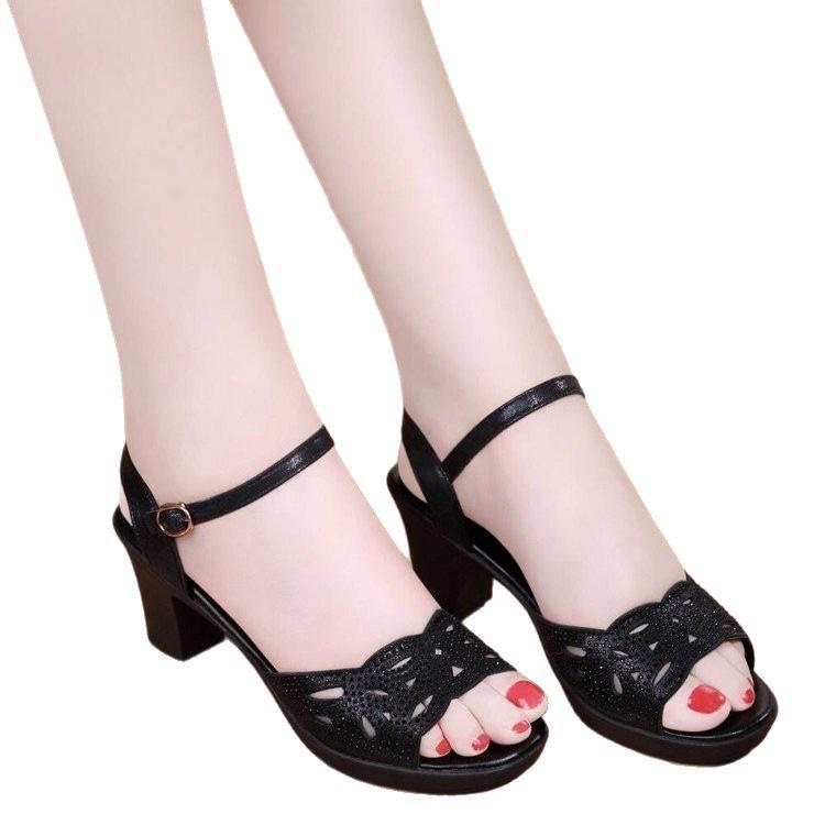 2025 new thick heel sandals women's summer fish mouth women's shoes sexy high heels women's black mother shoes children's middle heel
