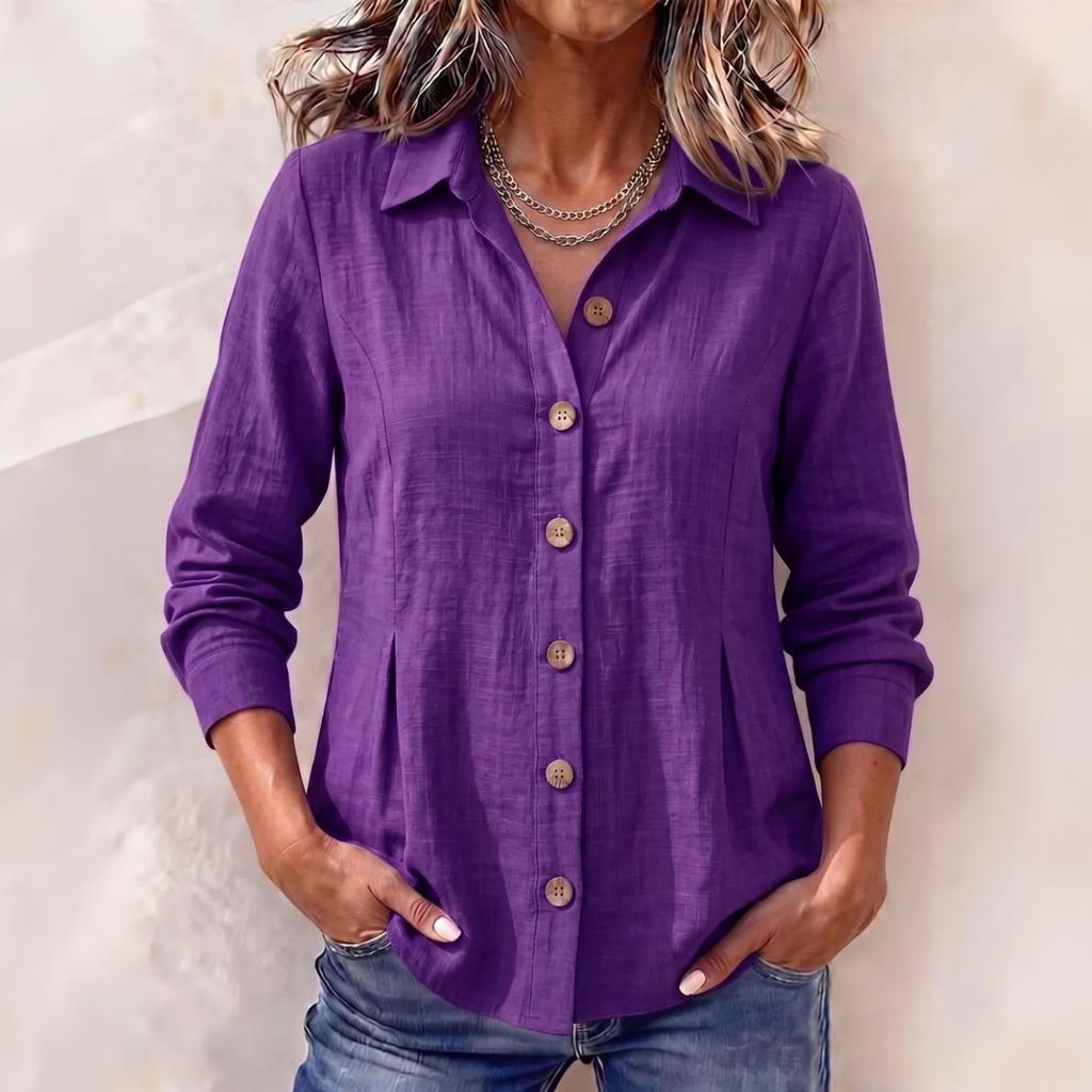Women's Casual Cotton Linen Long Sleeve Button Down Shirt Color Loose Fit for Daily Wear