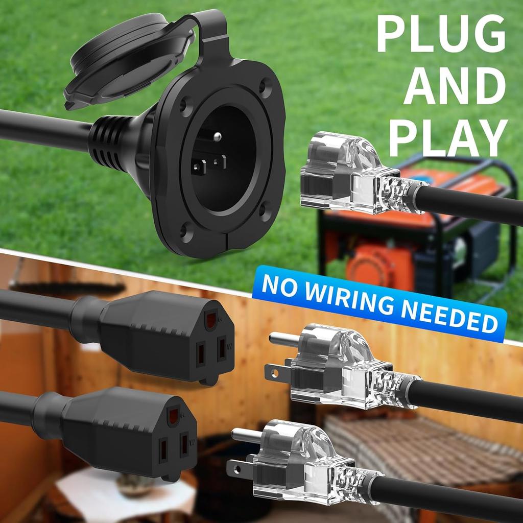 15 Amp AC Port Plug, 125V Power Inlet Socket With Waterproof Cover & Integrated Dual 18" Extension Cord, 2 Pole 3-Wire NEMA 5-15 Flanged Generator