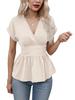 2026 European and American V-neck Waist-cinching Solid Color T-shirt with Pleated Hem and Raglan Sleeves
