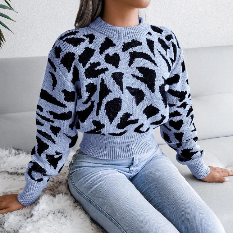 Women Autumn Winter Leopard Print Knitted Crop Sweater Long Sleeve O Neck Nipped Tops Sizes S to L