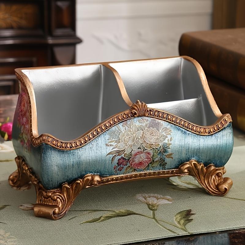 PGY Vintage Floral Resin Storage Box Ornament with Golden Accents Retro Remote Control Box Holder Desk Organizer Home Decoration