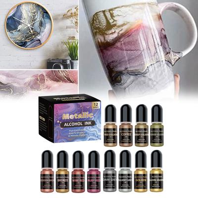 Metallic Alcohol Ink Set 12 Colors for Epoxy Resin Art and Painting Concentrated Shimmer Dye for Creative DIY Projects