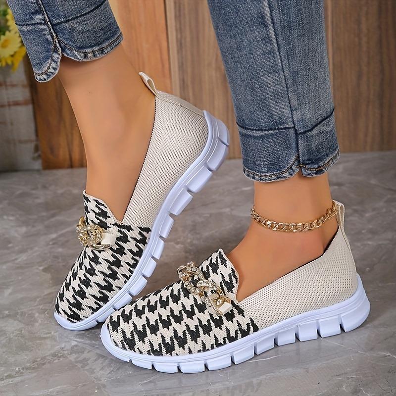 Women's Houndstooth Slip-On Sneakers - Casual Breathable Walking Shoes with Chain Decor