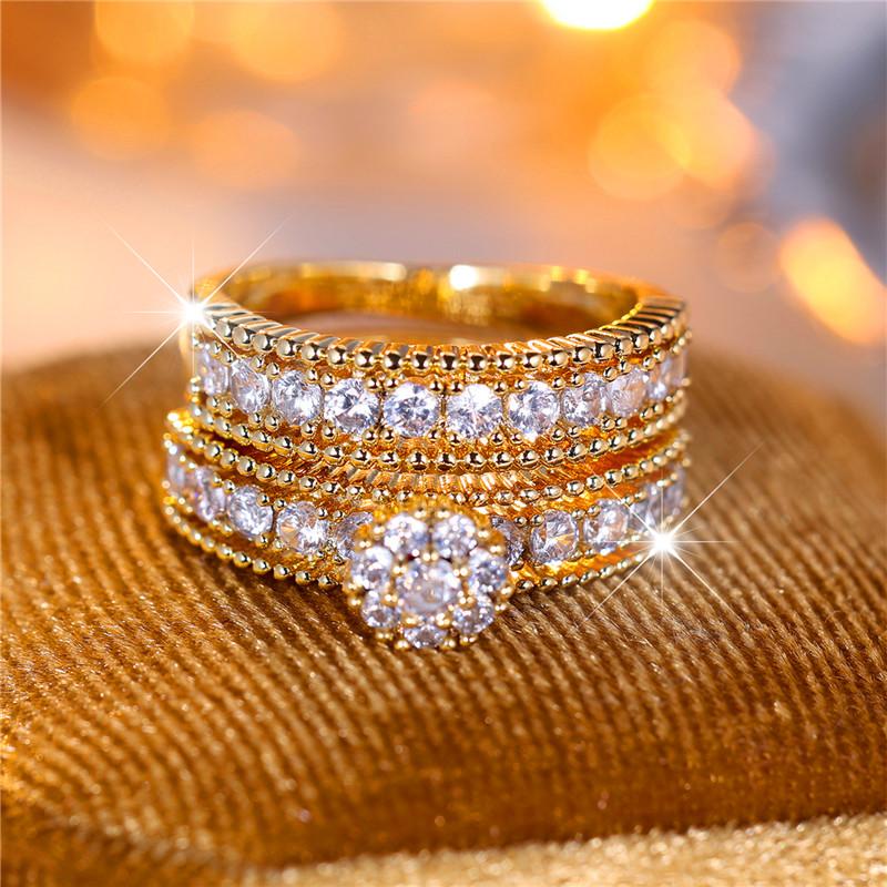 Luxury Female White Round Ring Set Trendy Yellow Gold Color Engagement Bride Wedding Jewelry Gift For Women