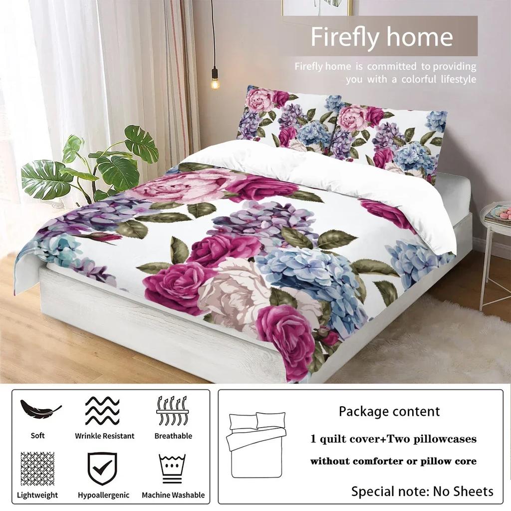 Copripiumino in piuma con stampa floreale rosa naturale, 3 pezzi (1 copripiumino+2 federe, senza imbottitura) set biancheria da letto