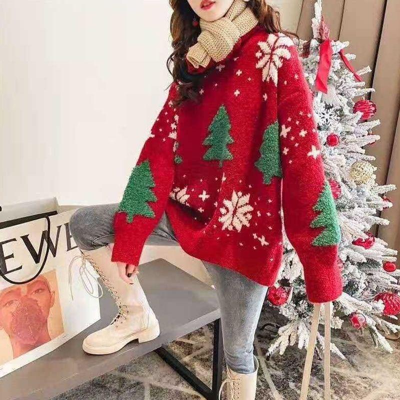 2026 Retro Japanese-Style Plus Size Red Christmas Sweater for Women