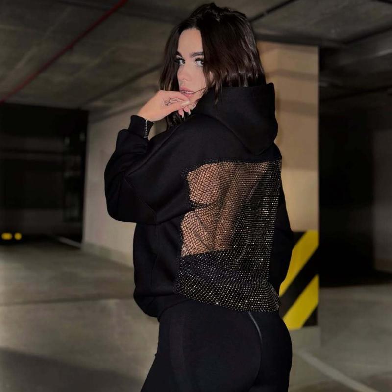 Hooded Harajuku Sweatshirt Women Autumn Trend Backless ShinyThrea Mesh Patchwork Casual Street Hipster Pulloverr