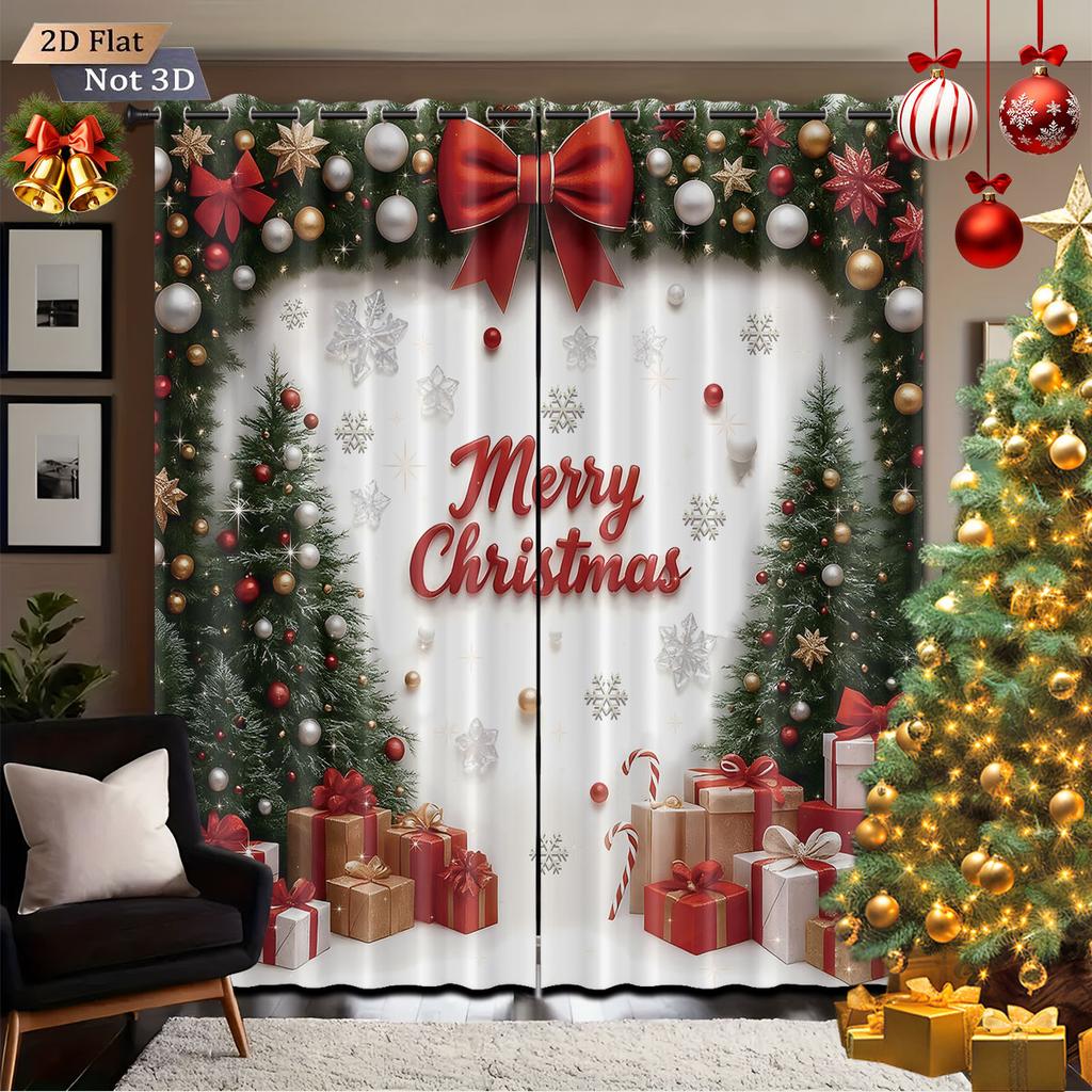 Set Of 2 Happy Christmas Tree Printed Perforated Curtains Multi Size Living Room Insulation Festival Decoration Curtain With Light Blocking Polyester