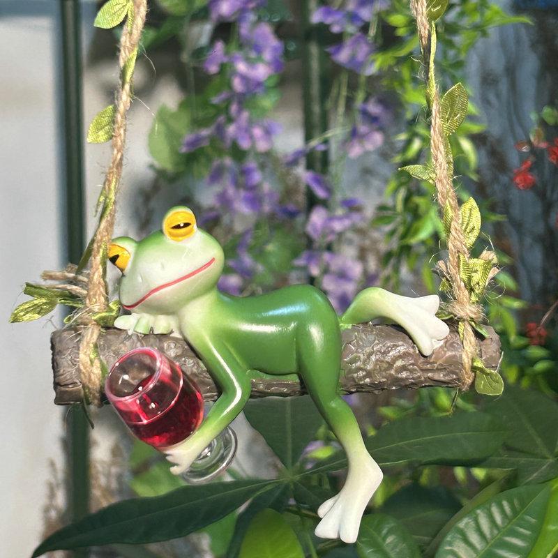 Hanging Swing Frog Resin Ornament With Wine Cup Tree Hanging Statue Yard Patio Balcony Garden Micro Landscape Decor