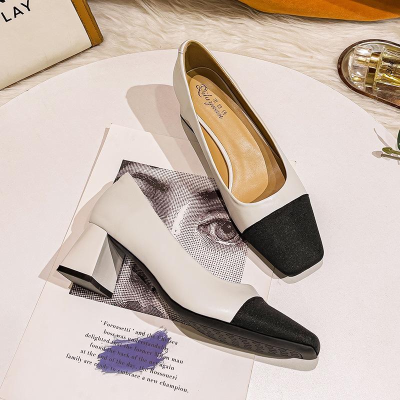 thick heel high heels women's new color matching women's shoes square head work shoes are not tired feet small fragrant style medium heel single shoes
