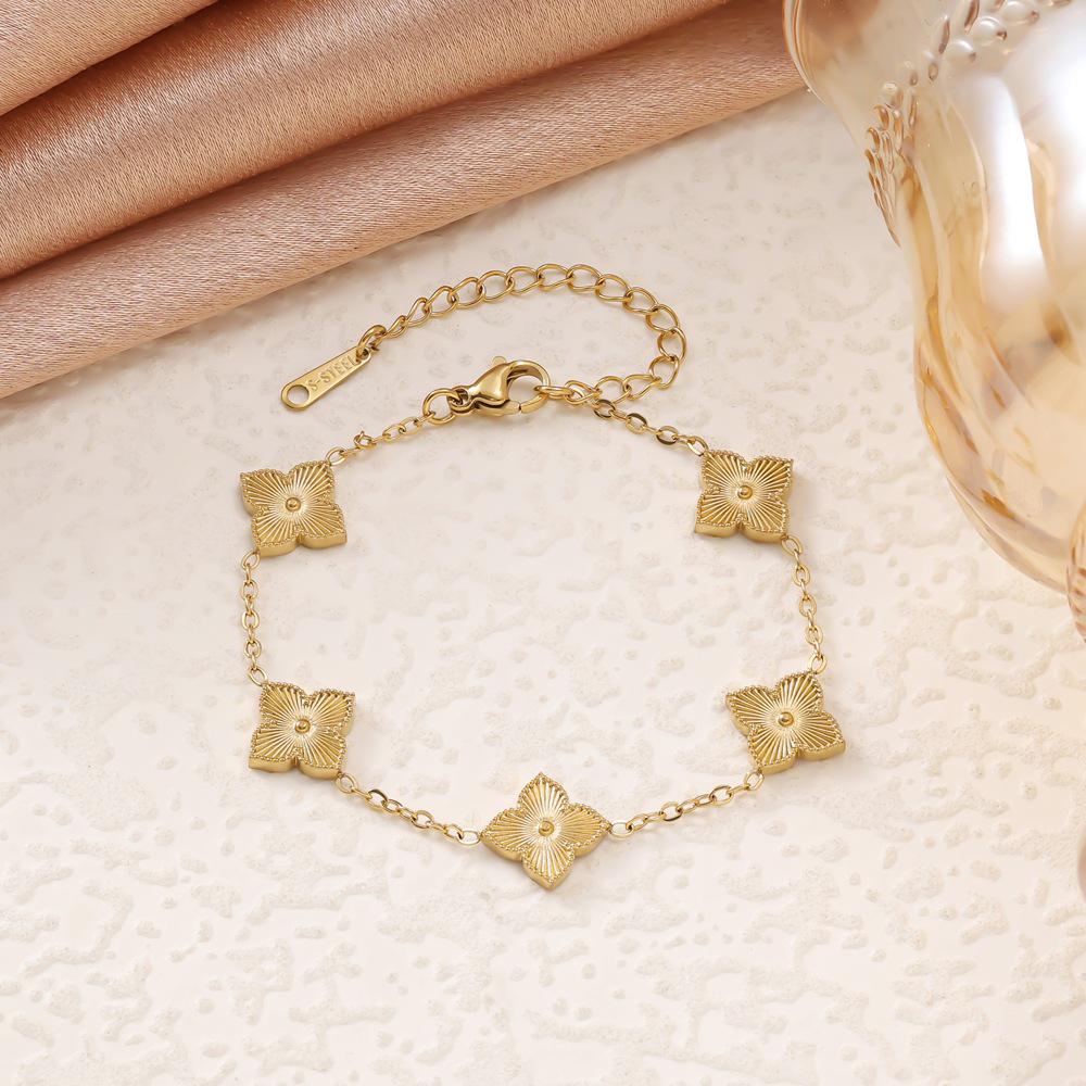 Elegant 18K Titanium Steel Jewelry Set: Laser Stripe Clover Bracelet, Necklace & Stud Earrings